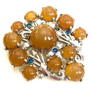 Vintage Silver Tone Apple Juice Bakelite & Blue Stone Art Nouveau Brooch